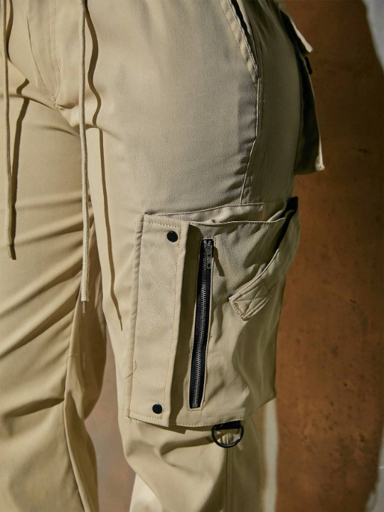 Street Flap Pocket Side Drawstring Waist Zipper Detail Button Hem Cargo Jogger Pants