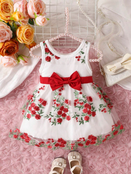 Baby Girl Floral Embroidery Mesh Overlay Bow Front Dress