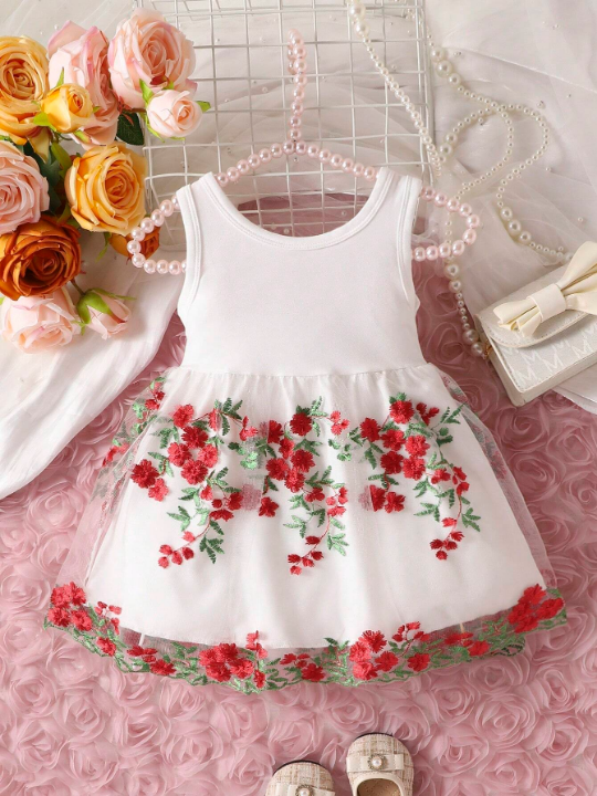 Baby Girl Floral Embroidery Mesh Overlay Bow Front Dress