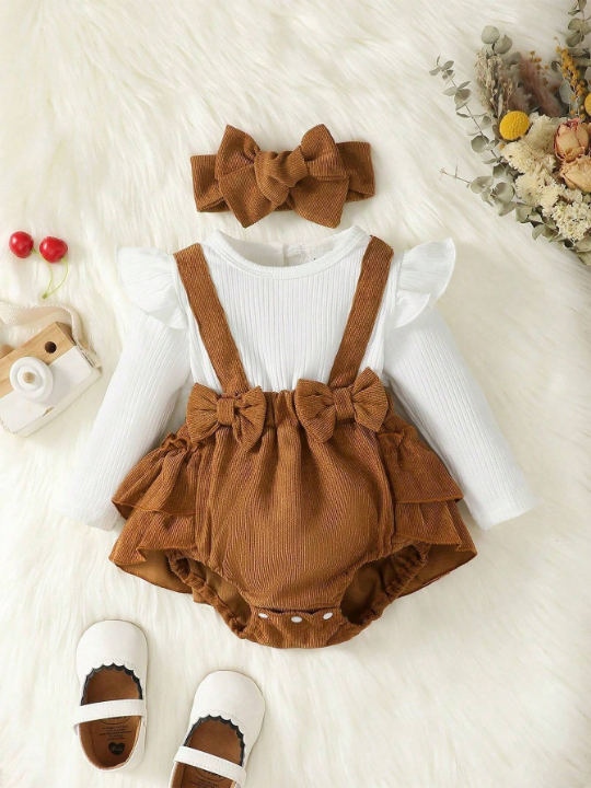 Baby Girl Ruffle Trim Bow Front 2 In 1 Bodysuit & Headband