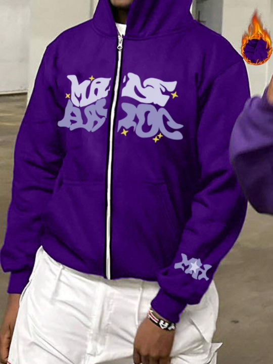 Manfinity Hypemode Loose-Fitting Men's Thermal Hoodie With Letter Graphics And Zipper