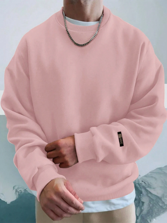 Cottnline Men's Text Patched Round Neck Loose Sweatshirt