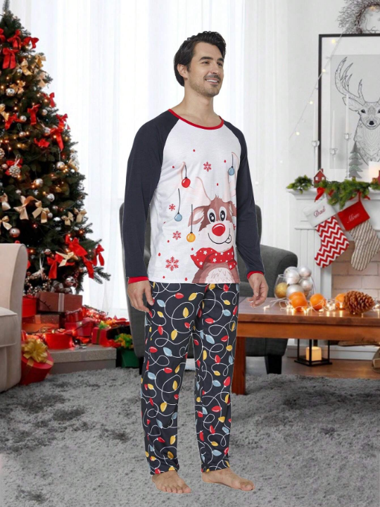 2pcs/set Men's Christmas Family Matching Pajamas, Cute Deer & Colorful Light Print Long Sleeve Top And Long Pants Holiday Comfortable Homewear