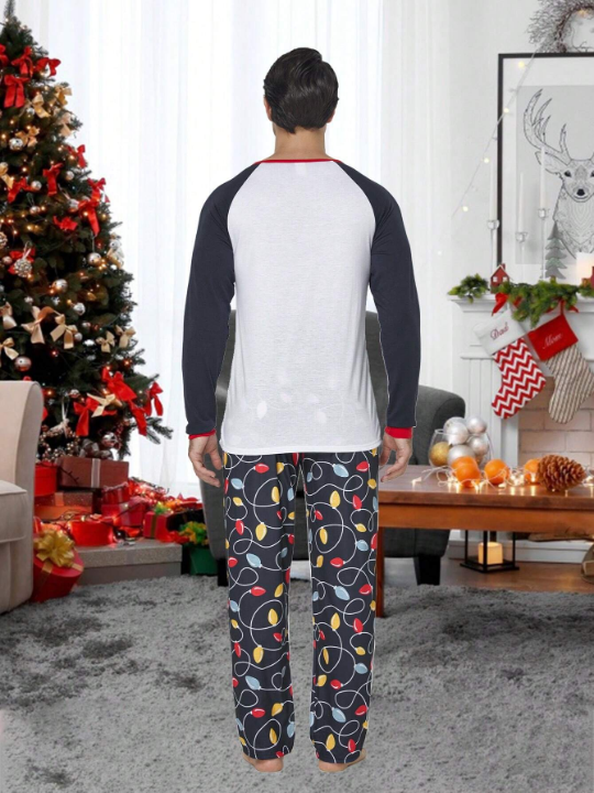 2pcs/set Men's Christmas Family Matching Pajamas, Cute Deer & Colorful Light Print Long Sleeve Top And Long Pants Holiday Comfortable Homewear