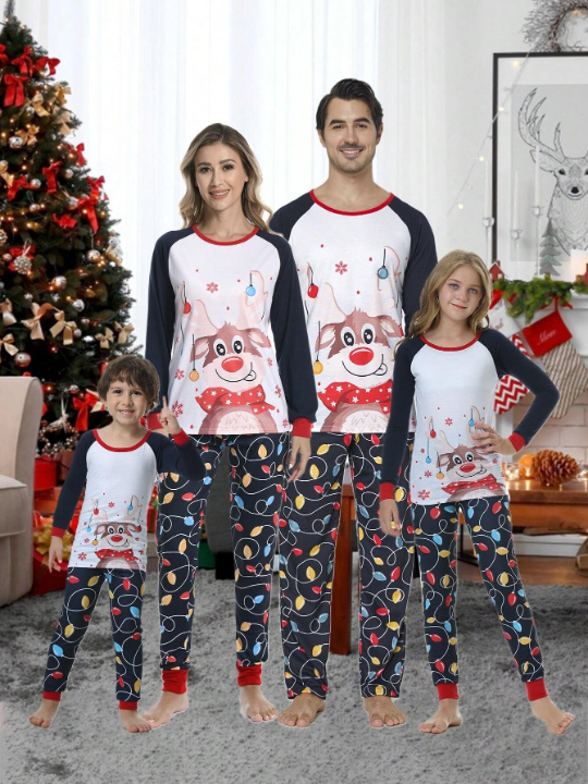 2pcs/set Men's Christmas Family Matching Pajamas, Cute Deer & Colorful Light Print Long Sleeve Top And Long Pants Holiday Comfortable Homewear