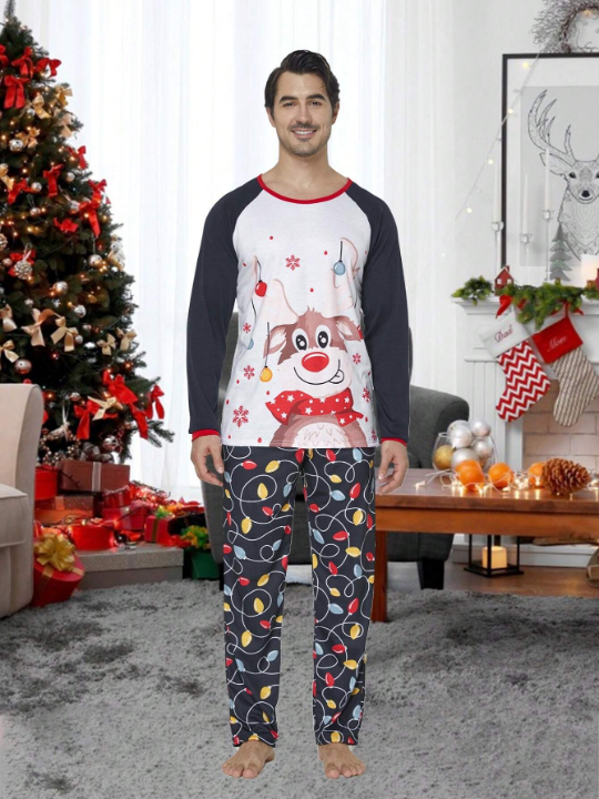 2pcs/set Men's Christmas Family Matching Pajamas, Cute Deer & Colorful Light Print Long Sleeve Top And Long Pants Holiday Comfortable Homewear