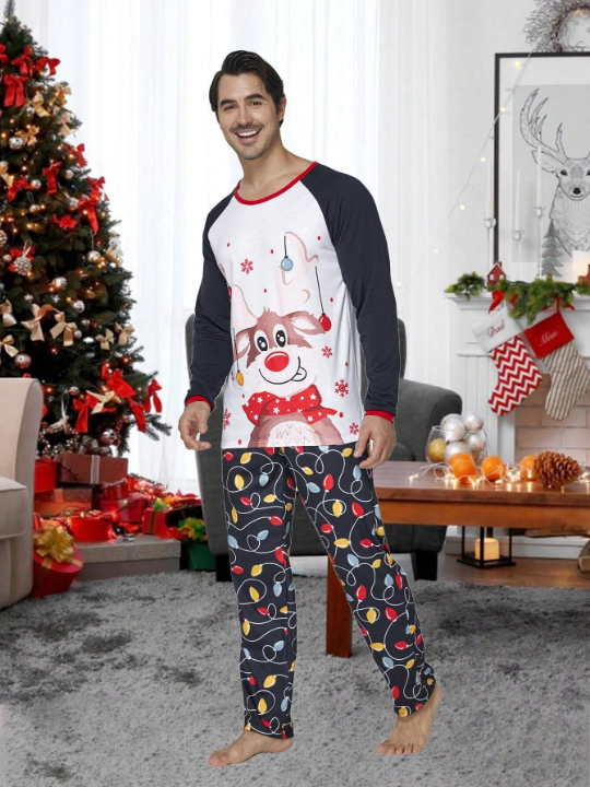 2pcs/set Men's Christmas Family Matching Pajamas, Cute Deer & Colorful Light Print Long Sleeve Top And Long Pants Holiday Comfortable Homewear