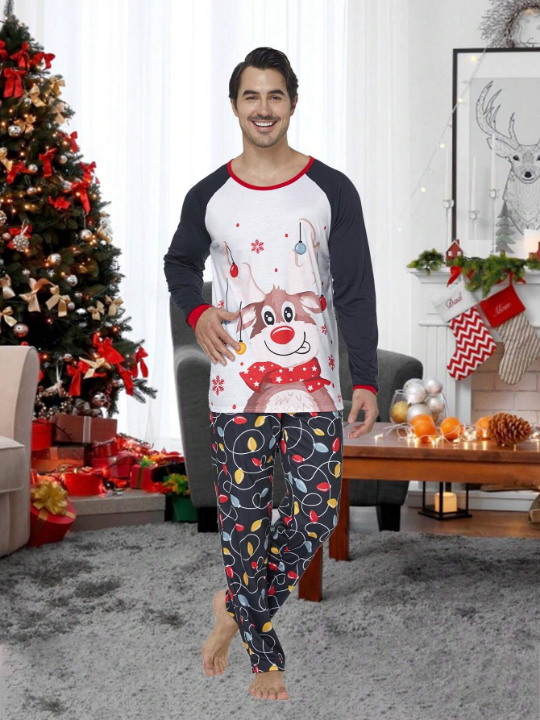 2pcs/set Men's Christmas Family Matching Pajamas, Cute Deer & Colorful Light Print Long Sleeve Top And Long Pants Holiday Comfortable Homewear