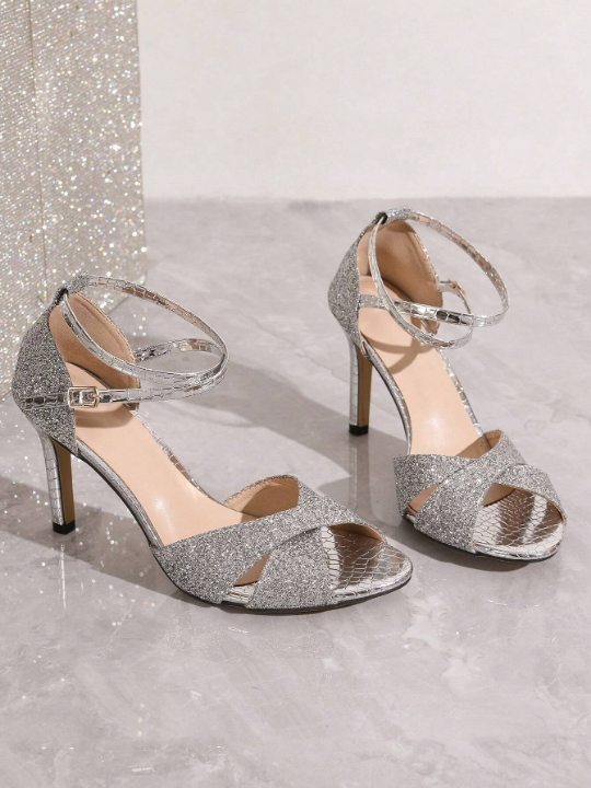 Women's Comfortable High Heeled Latin Dance Shoes Shiny Sexy Fashion Party Silver Round Toe Sandals