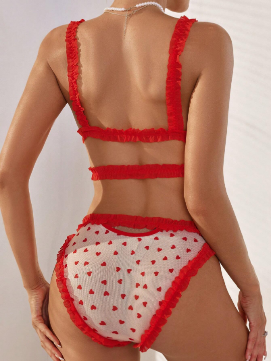 Women's Red Sexy Lingerie With Cross Strap And Heart Decoration