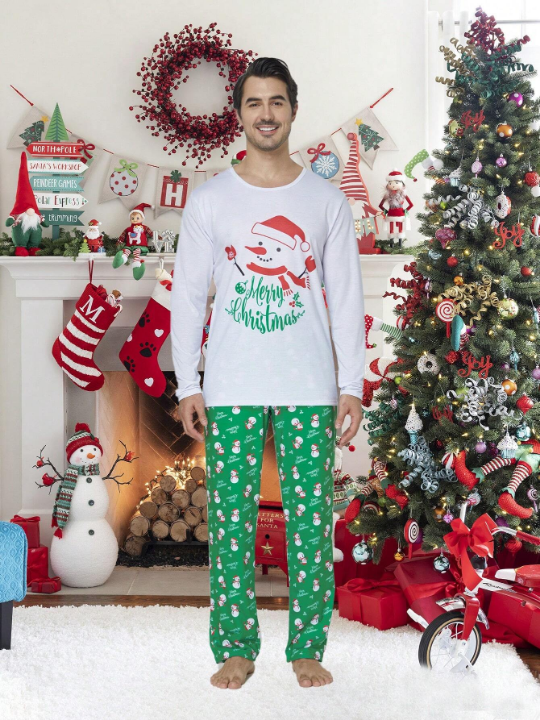 2pcs Men's Christmas Family Matching Sleepwear Set With Cute Snowman Patterned Long Sleeve Top And Pants, Holiday Comfortable Leisure Pajamas