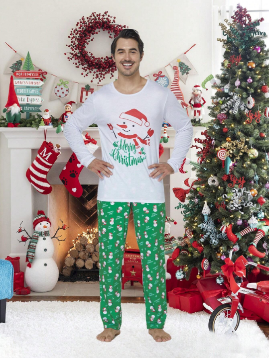 2pcs Men's Christmas Family Matching Sleepwear Set With Cute Snowman Patterned Long Sleeve Top And Pants, Holiday Comfortable Leisure Pajamas