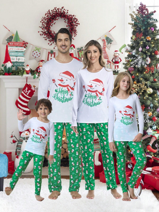 2pcs Men's Christmas Family Matching Sleepwear Set With Cute Snowman Patterned Long Sleeve Top And Pants, Holiday Comfortable Leisure Pajamas