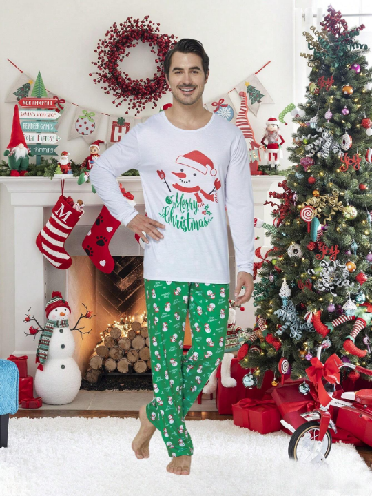 2pcs Men's Christmas Family Matching Sleepwear Set With Cute Snowman Patterned Long Sleeve Top And Pants, Holiday Comfortable Leisure Pajamas