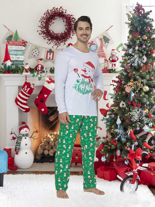 2pcs Men's Christmas Family Matching Sleepwear Set With Cute Snowman Patterned Long Sleeve Top And Pants, Holiday Comfortable Leisure Pajamas