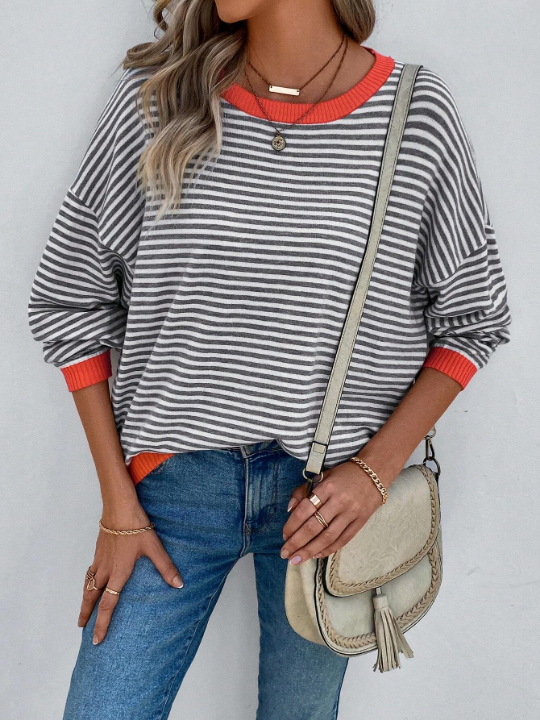 LUNE Striped Pattern Contrast Trim Drop Shoulder Sweater