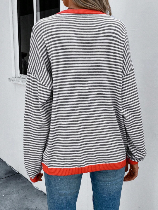 LUNE Striped Pattern Contrast Trim Drop Shoulder Sweater