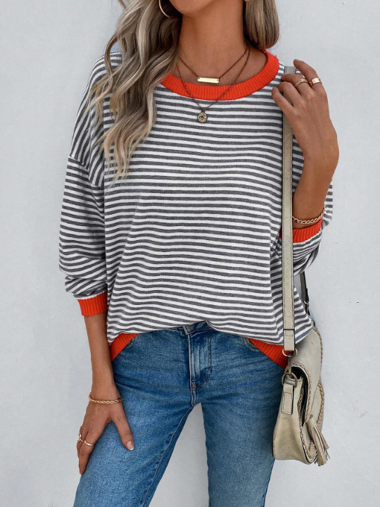 LUNE Striped Pattern Contrast Trim Drop Shoulder Sweater