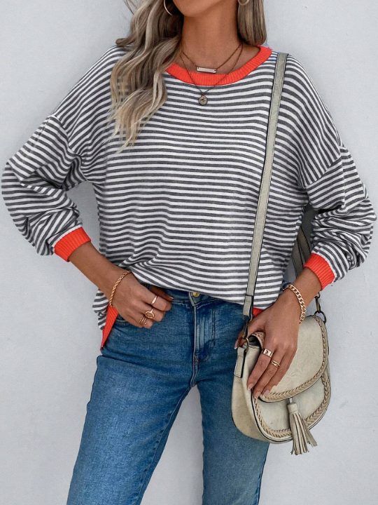 LUNE Striped Pattern Contrast Trim Drop Shoulder Sweater