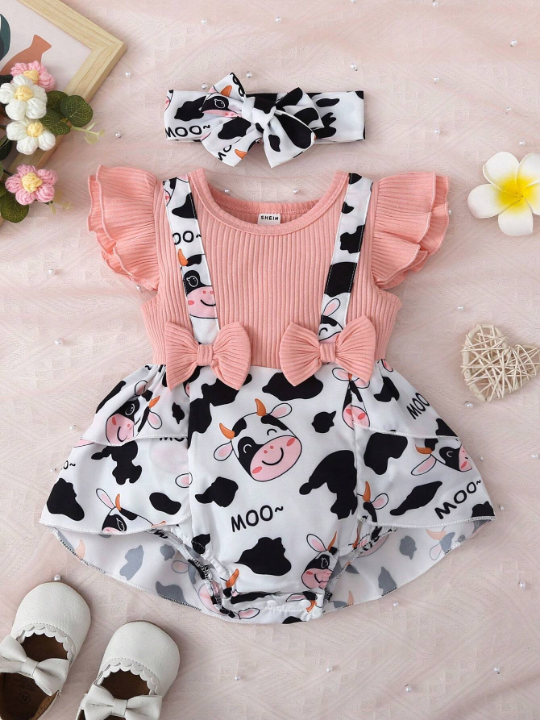 Baby Girl Infant Cartoon Printed Lace Decorated 2 In 1 Bodysuit