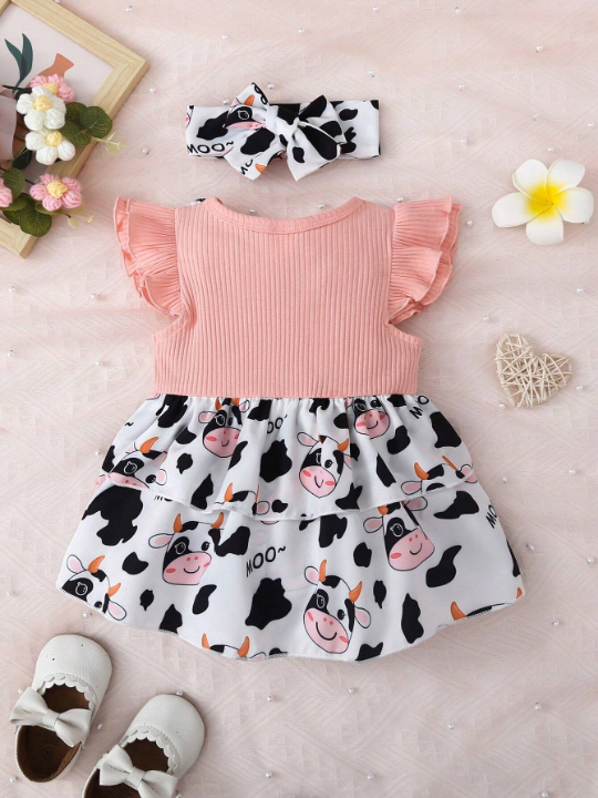 Baby Girl Infant Cartoon Printed Lace Decorated 2 In 1 Bodysuit