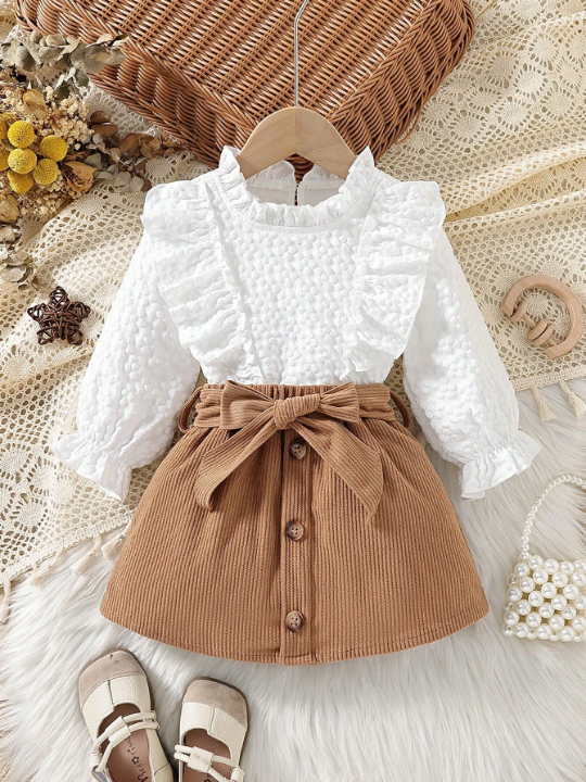 Baby Girl Ruffle Trim Flare Sleeve Blouse & Belted Skirt