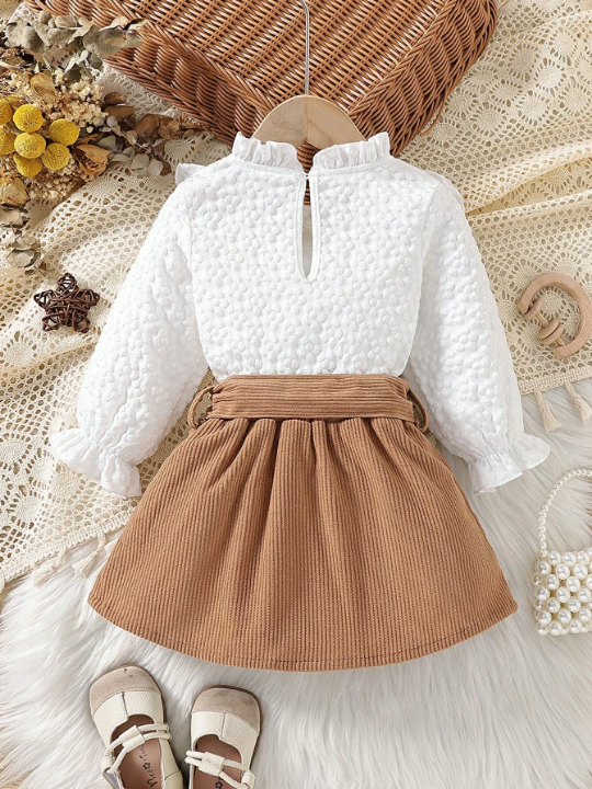 Baby Girl Ruffle Trim Flare Sleeve Blouse & Belted Skirt