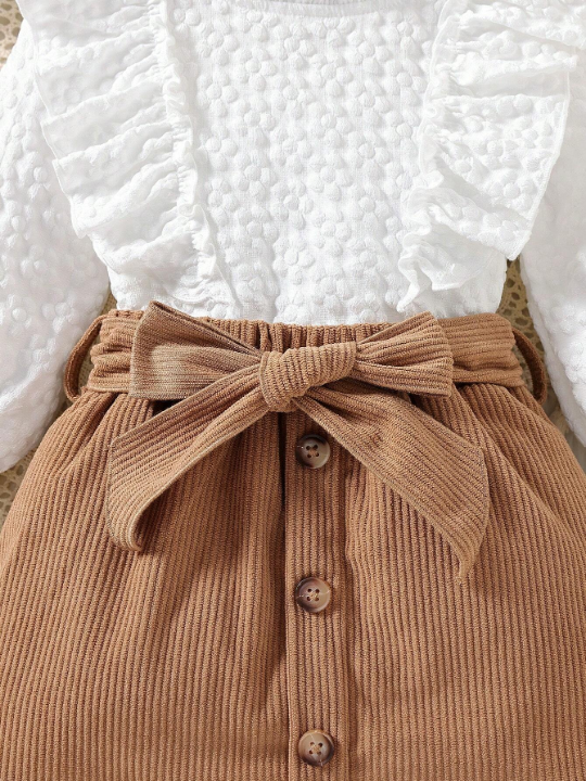 Baby Girl Ruffle Trim Flare Sleeve Blouse & Belted Skirt