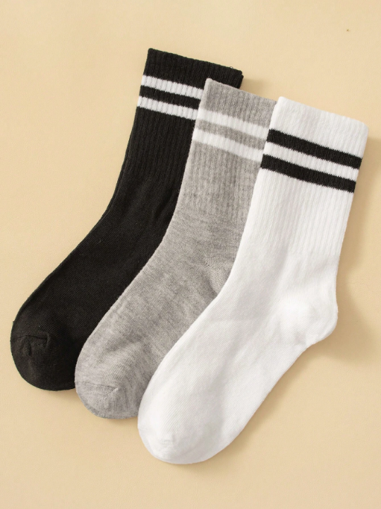 3 pairs of men's mid-tube socks, black, white and gray, 3-color stripes, deodorant, sweat-absorbing, casual round-neck socks, suitable for daily life