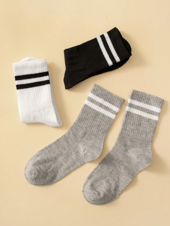 3 pairs of men's mid-tube socks, black, white and gray, 3-color stripes, deodorant, sweat-absorbing, casual round-neck socks, suitable for daily life