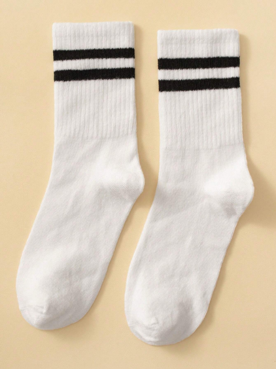 10pairs Men's Mid-calf Socks With White Stripes And Double Bars Design, Anti-odor And Sweat-absorbent, Suitable For Daily Wear