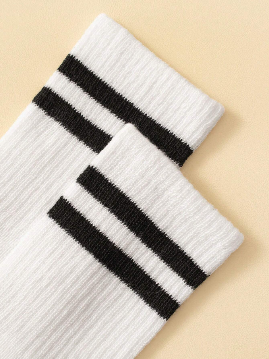 20 Pairs/set Men's Mid-calf Socks White Stripes & Double Stripes Style, Breathable & Anti-odor & Moisture Wicking, Round Collar, Suitable For Daily Life