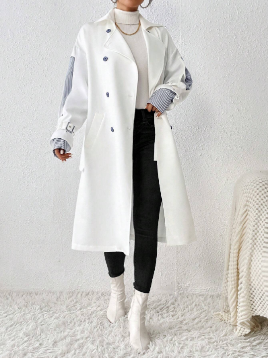 Essnce Contrast Panel Double Breasted Belted Trench Coat