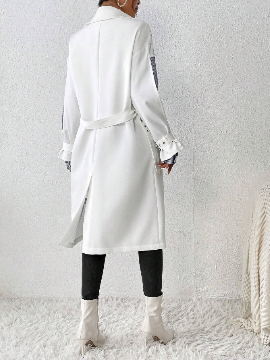 Essnce Contrast Panel Double Breasted Belted Trench Coat