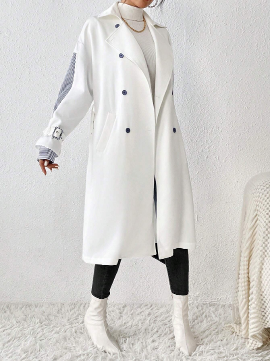 Essnce Contrast Panel Double Breasted Belted Trench Coat