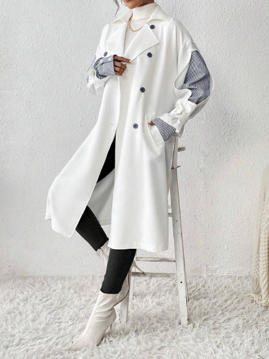 Essnce Contrast Panel Double Breasted Belted Trench Coat