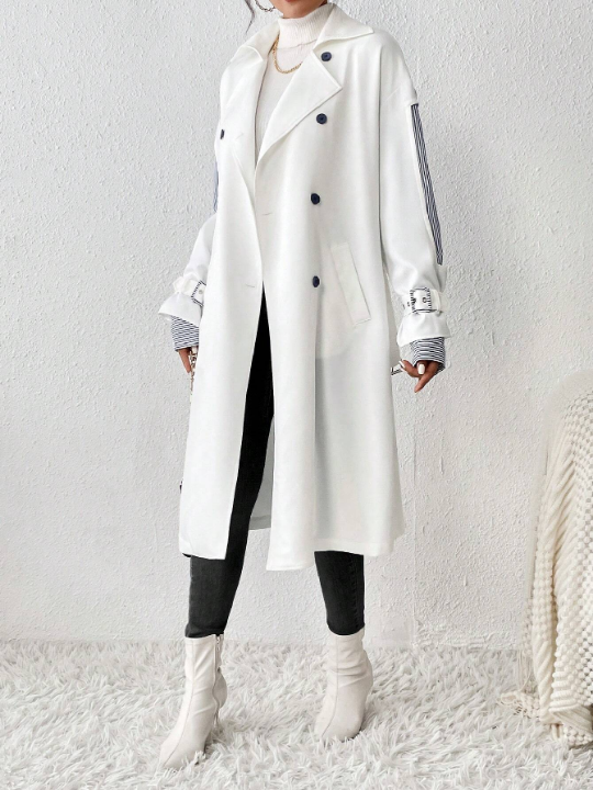 Essnce Contrast Panel Double Breasted Belted Trench Coat