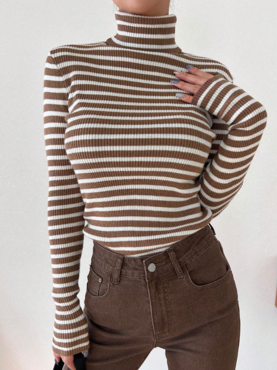 DAZY Striped Women's Slim Fit Turtleneck Sweater