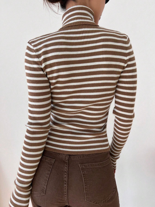 DAZY Striped Women's Slim Fit Turtleneck Sweater