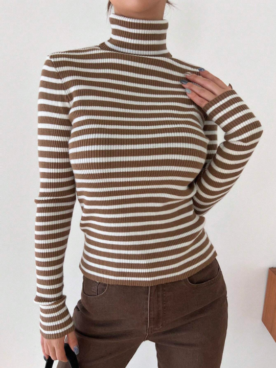 DAZY Striped Women's Slim Fit Turtleneck Sweater