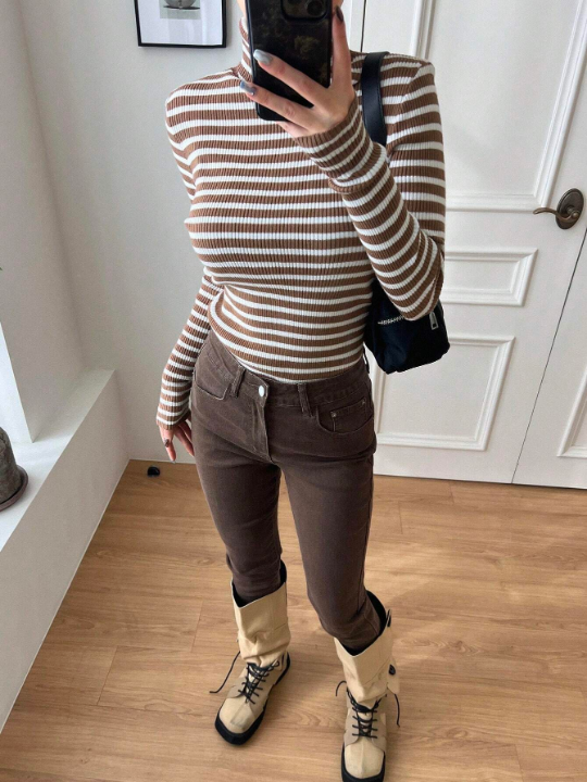 DAZY Striped Women's Slim Fit Turtleneck Sweater