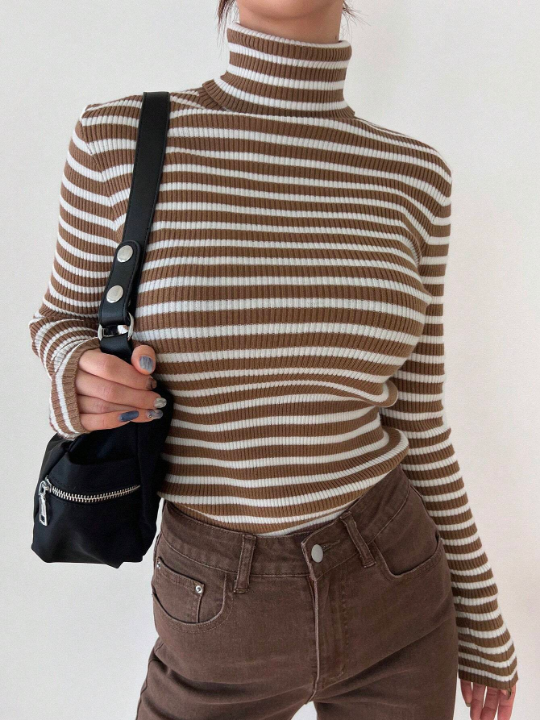 DAZY Striped Women's Slim Fit Turtleneck Sweater