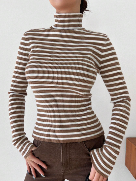 DAZY Striped Women's Slim Fit Turtleneck Sweater