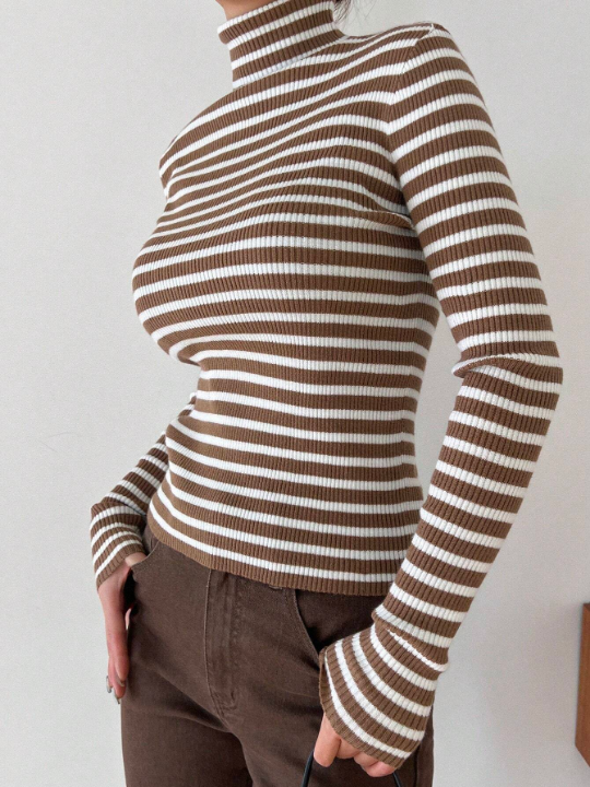 DAZY Striped Women's Slim Fit Turtleneck Sweater