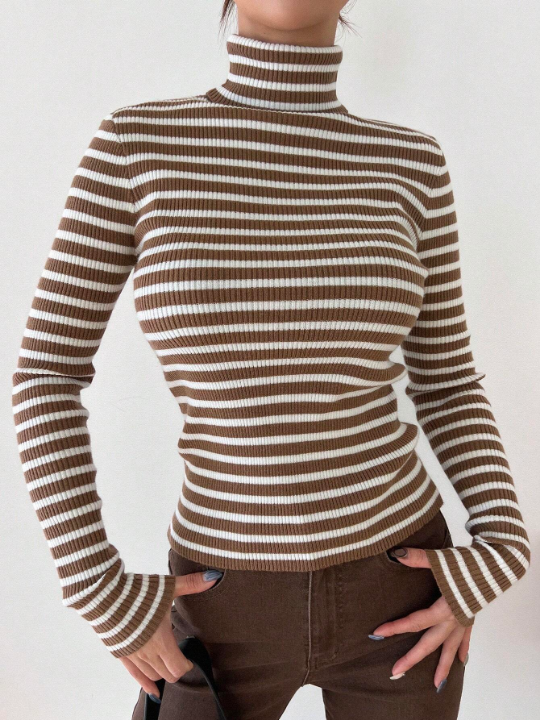 DAZY Striped Women's Slim Fit Turtleneck Sweater