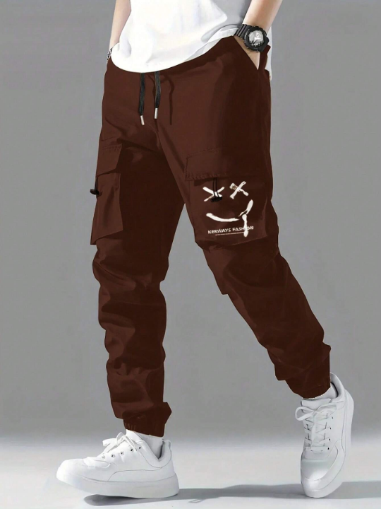 Men Letter Graphic Drawstring Waist Cargo Pants