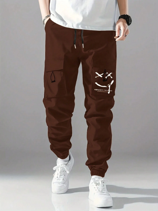 Men Letter Graphic Drawstring Waist Cargo Pants