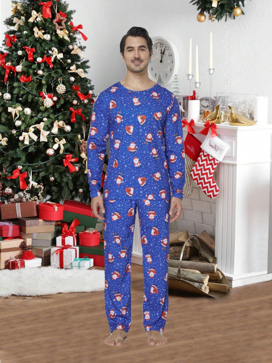 2pcs/set Men's Christmas Family Matching Pajamas Santa & Snowflake Print Long Sleeve Top And Long Pants Holiday Homewear