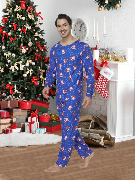 2pcs/set Men's Christmas Family Matching Pajamas Santa & Snowflake Print Long Sleeve Top And Long Pants Holiday Homewear