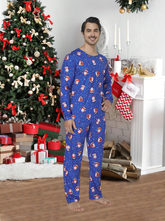 2pcs/set Men's Christmas Family Matching Pajamas Santa & Snowflake Print Long Sleeve Top And Long Pants Holiday Homewear